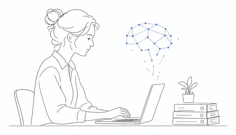 A marketer at a desk, a small network brain forming above the laptop