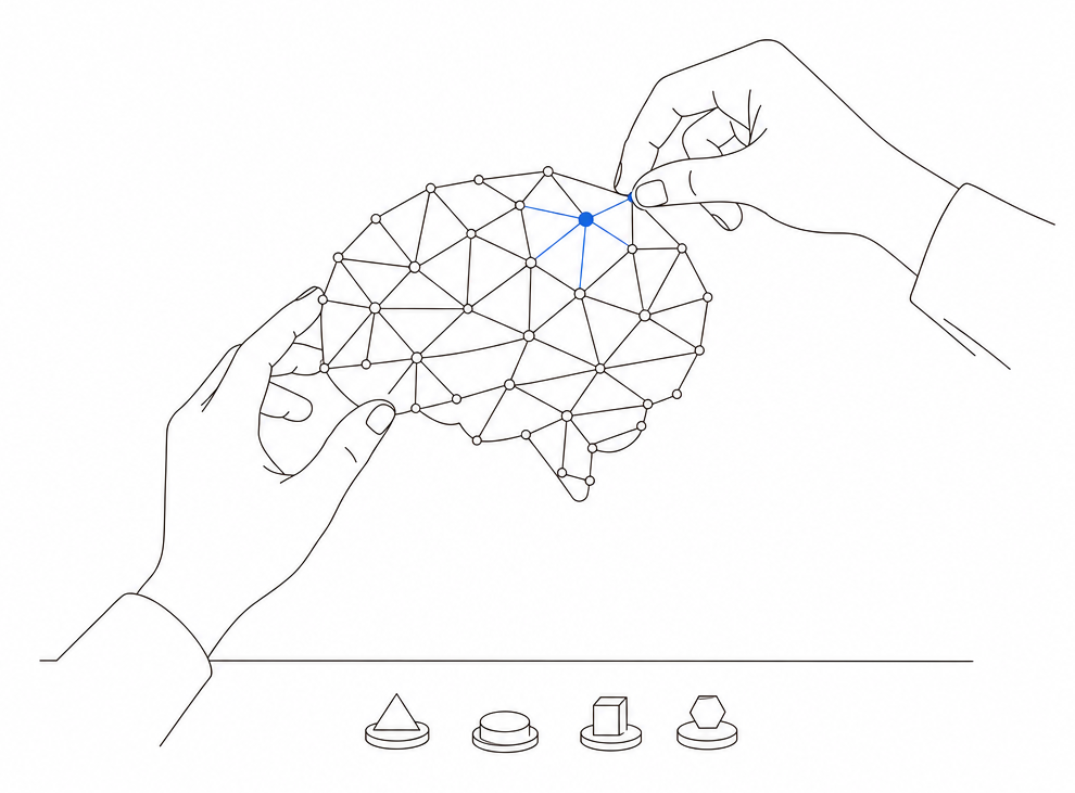 Hands placing a new node into the network brain