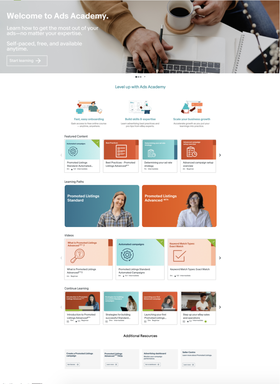 The eBay Ads Academy homepage: Welcome to Ads Academy, learn how to get the most out of your ads, self-paced, free and available anytime, with learning paths for Promoted Listings Standard and Promoted Listings Advanced, featured courses and how-to videos